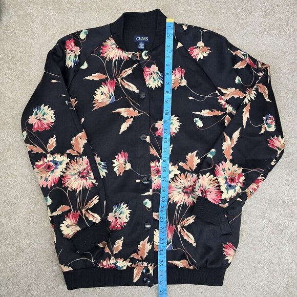 Chaps Black Floral Bomber Jacket Women's Size Medium Full Button Closure EUC - Picture 7 of 7